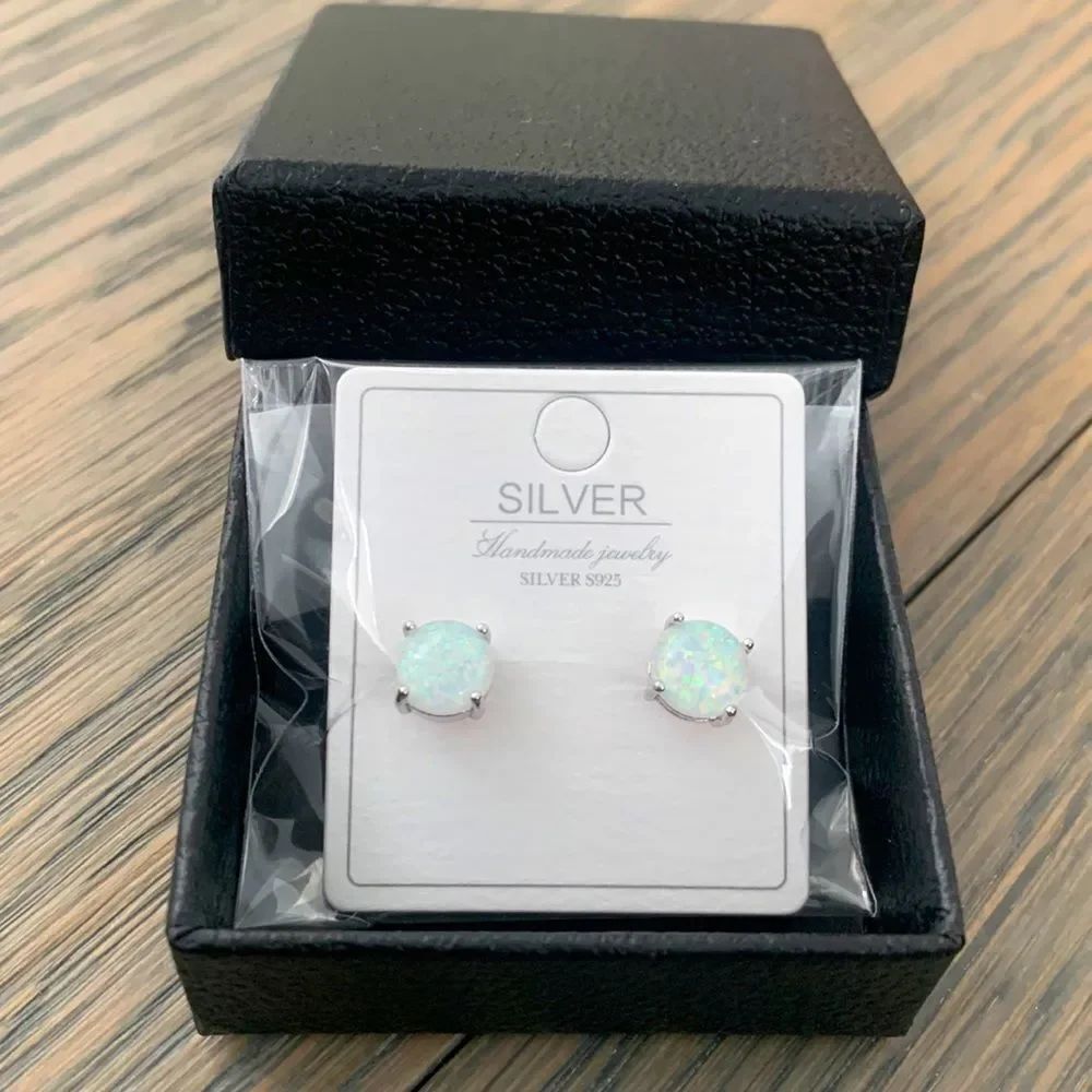 White Fire Faux Opal Stud Earrings in Sterling Silver Unisex